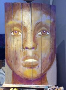 Première étape du tableau Golden Eye - peinture sur bois