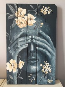 Peinture, portrait à l'acrylique sur bois, réalisé par Coraline Van Butsele